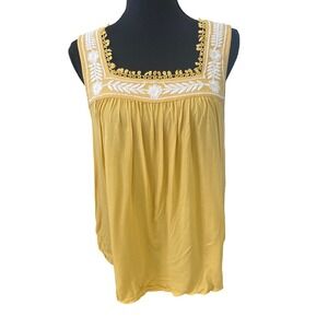 Faith & Zoe Womens Mustard Yellow Embroidered Boho Sleeveless Blouse Medium